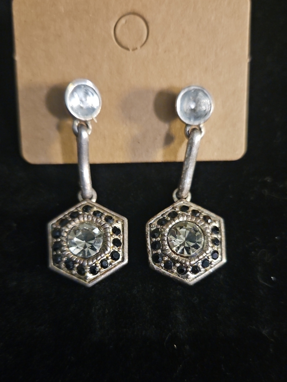 Silver-Tone Hexagon Drop Earrings with Clear and Black Stones